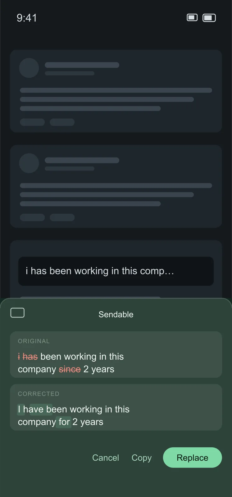 A LinkedIn comment field with the Sendable Fix bar in place of the keyboard, expanded to show the original and corrected sentence with Cancel, Copy and Replace buttons