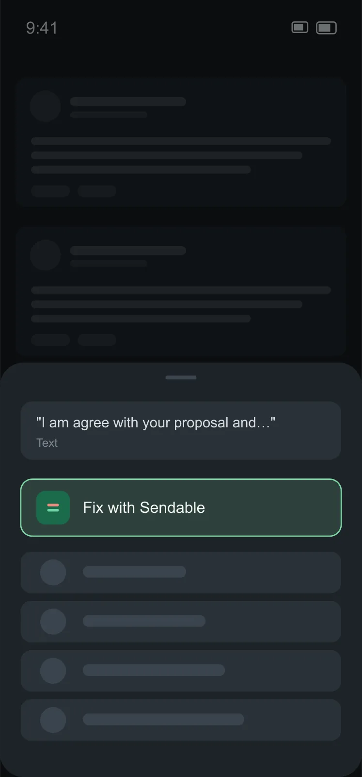 The Android share sheet open over a feed, with the selected text at the top and a highlighted row reading Fix with Sendable