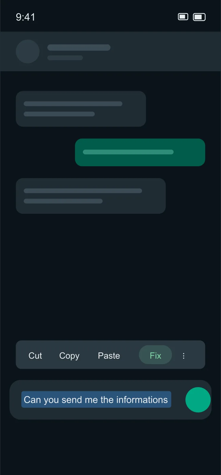 A WhatsApp chat with a sentence selected and the Android selection toolbar showing Cut, Copy, Paste and a highlighted Fix action
